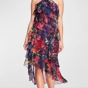 Ruffle-Tiered Chiffon Floral Halter Midi Dress